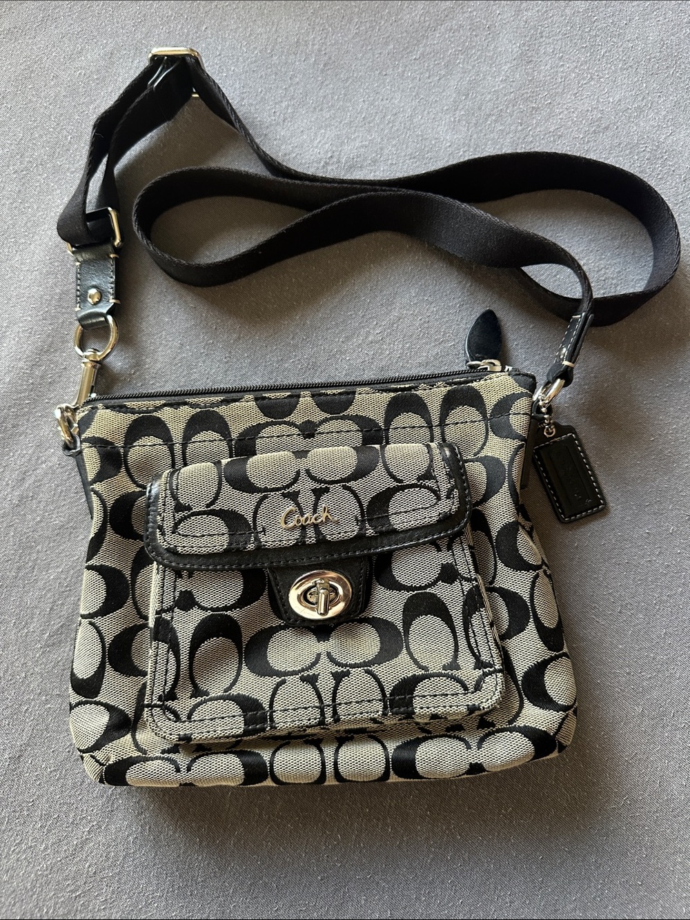 Coach Black & Cream Signature Crossbody with Turn-Lock Pocket
